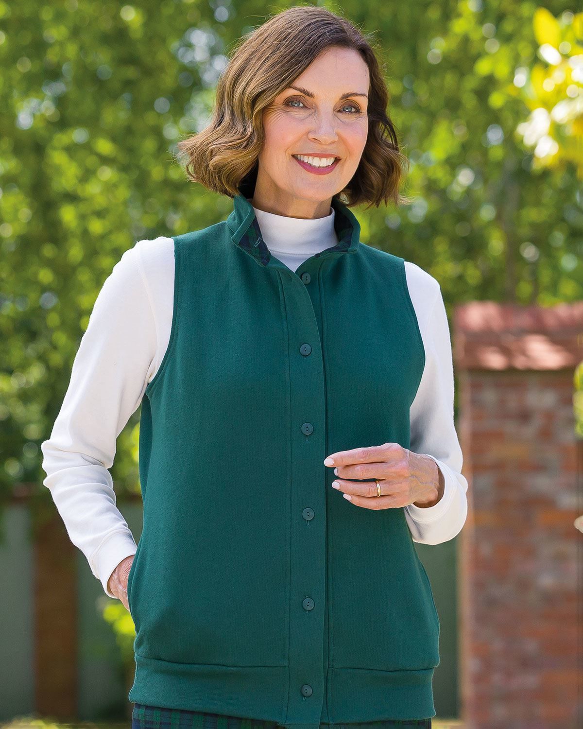 Ladies Green Leisure Gilet with Blackwatch Trim